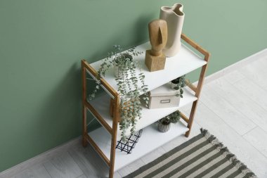 Yeşil duvarın yanında dekoru ve halısı olan modern raf ünitesi.