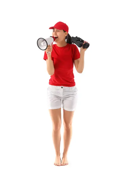 stock image Female lifeguard with megaphone and binoculars isolated on white background