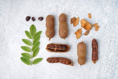 Beyaz arka planda lezzetli tamarindler, kabuk, tohumlar ve yapraklar