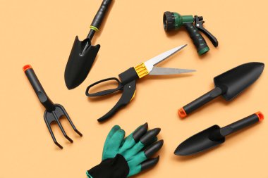 Tools for gardening on orange background. Top view