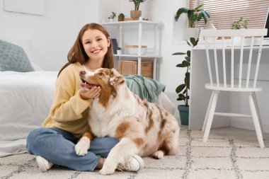 Şirin bir Avustralya çoban köpeği olan genç bir kadın evde yerde oturuyor.