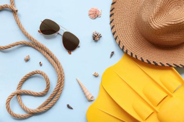 Plaj aksesuarları, deniz kabukları ve renk arkaplanlı halat kompozisyonu