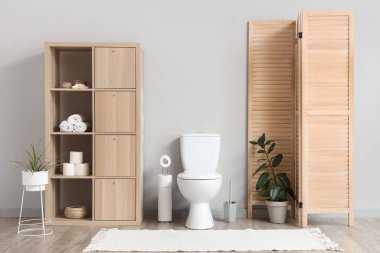 Gri duvarın yanında tuvalet, dolap ve katlanan ekran olan tuvaletin içinde.