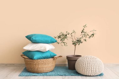 Şık yastıklı sepet, puf ve bitki, odada bej duvarın yanında.