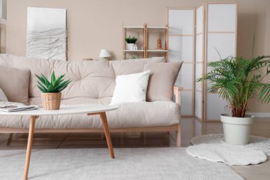 Rahat kanepesi, sehpası, çiçekleri ve yastıkları olan güzel bir oturma odası.