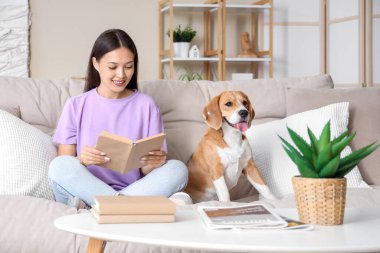Oturma odasındaki kanepede tatlı Beagle köpeğiyle kitap okuyan genç bir kadın.