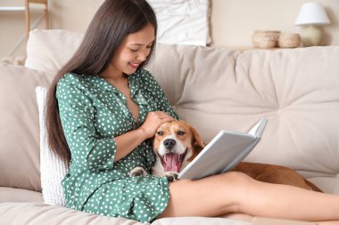 Oturma odasındaki kanepede sevimli Beagle köpeğiyle kitap okuyan genç bir kadın.