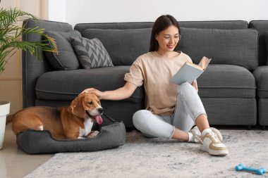 Genç bir kadın kitap okuyor ve oturma odasında yerde sevimli bir tazı köpeğiyle oturuyor.