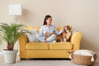 Oturma odasındaki sarı kanepede sevimli Beagle köpeğiyle kitap okuyan genç bir kadın.