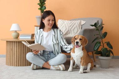 Oturma odasında yerde yatan sevimli Beagle köpeğiyle kitap okuyan genç bir kadın.