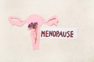 Word MENOPAUSE with paper uterus and flowers on white background