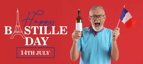 stock image Happy mature man with flag of France and wine on red background. Bastille Day celebration