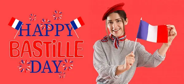 stock image Pretty young woman with flag of France on red background. Bastille Day celebration