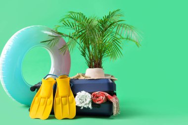 Şık plaj aksesuarları, şişirilebilir yüzük ve yeşil arka planda egzotik bitki dolu bavul.