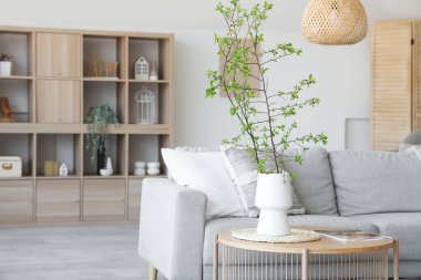 Şık oturma odasının içinde rahat bir kanepe, sehpa ve vazoda çiçek açan ağaç dalları var.