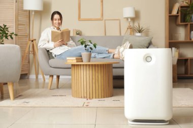 Oturma odasındaki kanepede oturan genç bayana karşı modern nemlendirici.