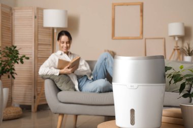 Oturma odasındaki kanepede oturan genç bayana karşı modern nemlendirici.