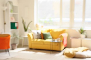 Oturma odasının içinde raf ünitesi, ev bitkileri ve sarı kanepe, bulanık manzara.