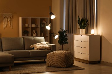 Parlayan lamba, rahat kanepe ve akşamları raf ünitesi olan oturma odasının içinde.