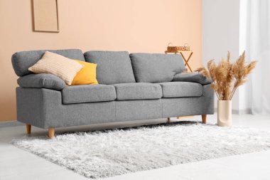 Gri kanepe ve vazo bej duvarın yanında otla süslenmiş vazo