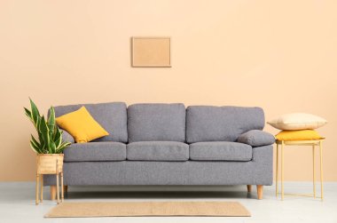 Şık gri kanepe, ev bitkisi ve bej duvarın yanındaki kahve masası.