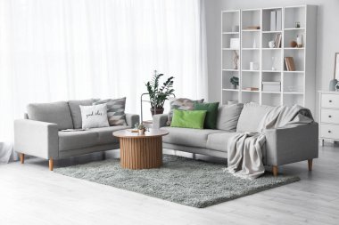 Kareli kanepeler, yastıklar, sehpa ve raflar oturma odasında.