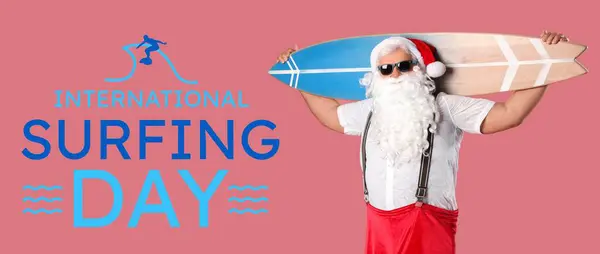 stock image Banner for International Surfing Day with Santa Claus holding surfboard