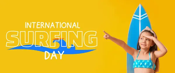 stock image Banner for International Surfing Day with little girl in swimsuit and with surfboard