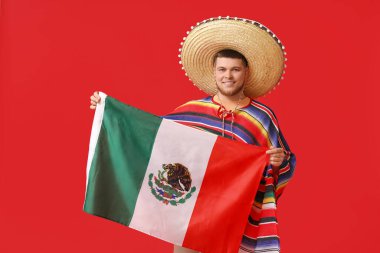 Kırmızı arka planda Meksika bayrağı olan, Sombrero 'lu yakışıklı genç adam. Cinco de Mayo kutlaması