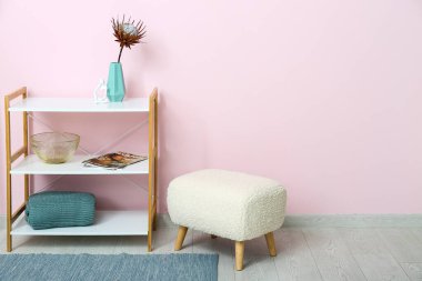 Kurumuş kırmızı proteli vazo, raf ünitesi ve pembe duvarın yanında puf.