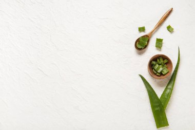 Beyaz arka planda kesilmiş aloe yapraklı kaşık ve kase