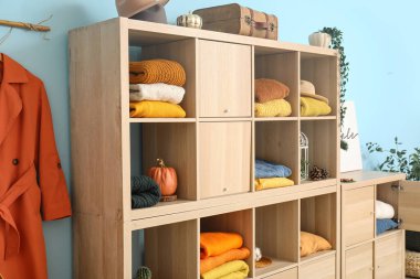 Kalın elbiseli ahşap gardırop ve renkli duvarın yanında dekor.