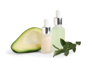 Beyaz arka planda gerekli yağ, avokado ve okaliptüs dalları