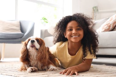 Genç Afro-Amerikalı kız halının üzerinde yakışıklı şövalye Kral Charles Spaniel ile yatıyor.
