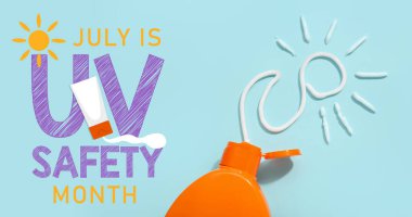 Açık mavi arka planda bir şişe güneş kremi. Ultraviyole Güvenlik Ayı