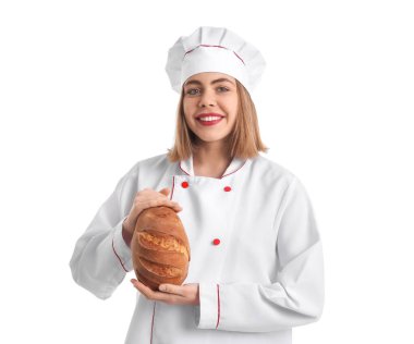 Female baker with fresh bread on white background