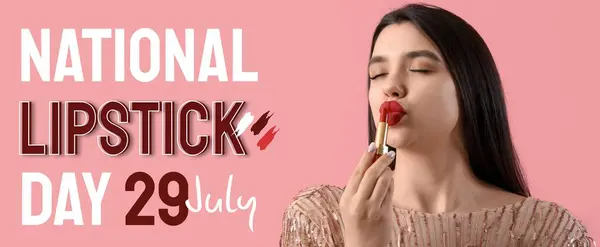 stock image Festive banner for National Lipstick Day with young woman with red lipstick