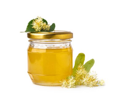 Beyaz arkaplanda ıhlamur balı kavanoz