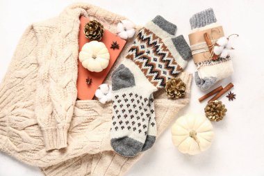 Sıcak çorapları, pamuk çiçekleri ve beyaz arka planda balkabakları olan güzel bir kompozisyon