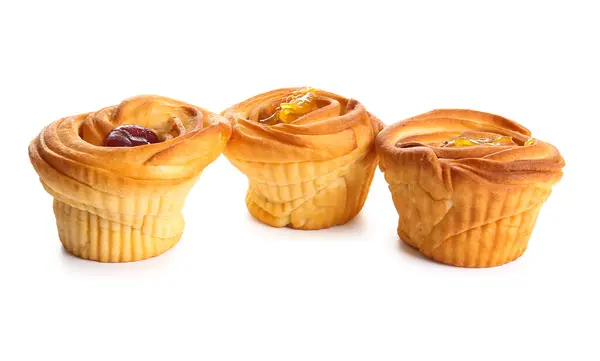 Stock image Tasty cruffins with jam on white background