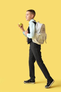 Sırt çantası ve sarı arka planda elması olan tatlı bir okul çocuğu.