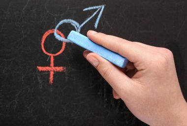 Tahtaya kadın ve erkek sembolleri çiziyorum. Seks eğitimi