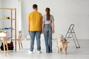 Şirin köpekleri ve bigudileri olan genç bir çift yeni evlerine duvar boyamayı planlıyor.