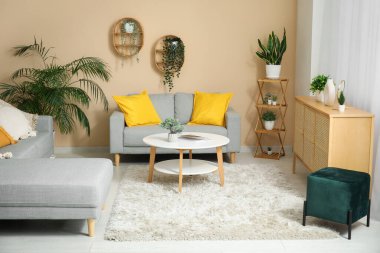 Rahat kanepesi, sehpası, çekmeceleri ve perdeleri olan şık bir oturma odası.