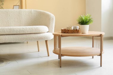 Beyaz kanepe, sehpa ve çiçekli modern oturma odası.