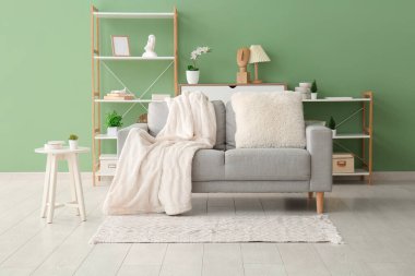 Oturma odasında kareli ve yastıklı rahat bir kanepe.