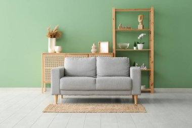 Oturma odasında halı ve raf üniteli rahat bir kanepe.