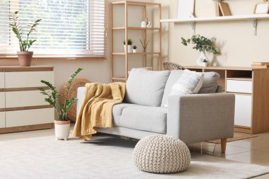 Rahat kanepesi, raf ünitesi, çekmeceleri ve çiçekleri olan şık bir oturma odası.