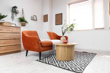 Rahat kanepe, çekmece sandığı ve oturma odasındaki sehpanın üzerinde okaliptüs dalları.