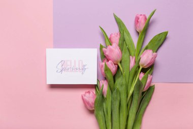 Mesajlı tebrik kartı Hello İlkbaharı ve renkli arkaplanda güzel pembe laleler